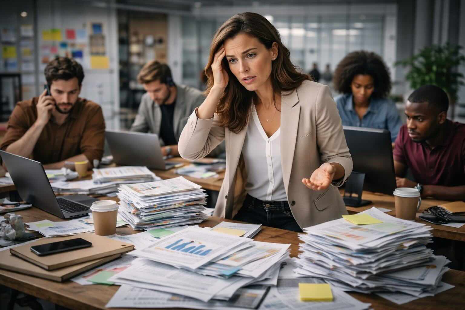 Business woman without reliable systems to tack her team